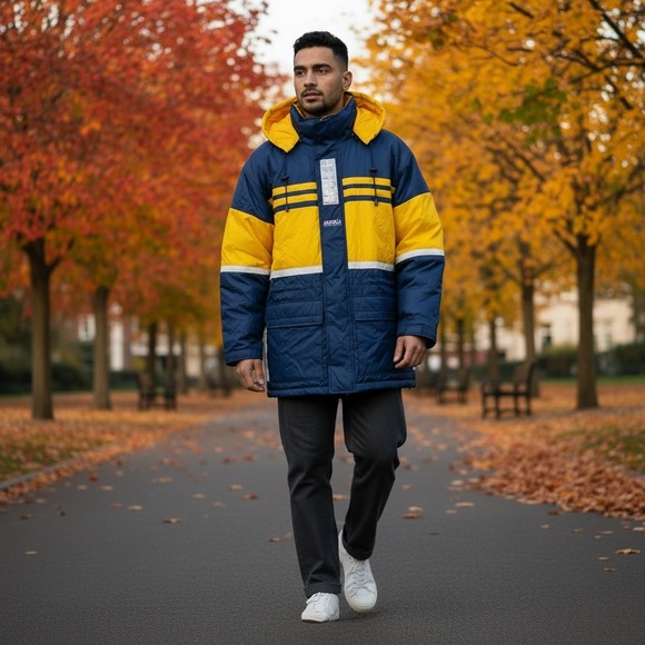 VTG Perry Ellis America Puffer Jacket Parka Coat Hooded Navy Yellow Stripe XL